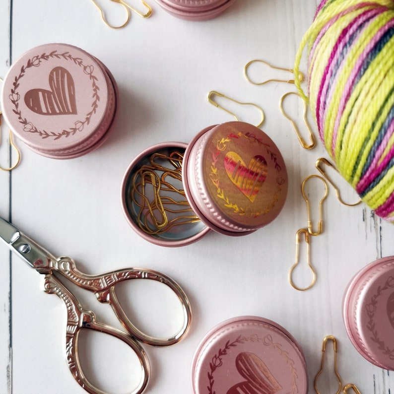 Little storage tin with Stitch markers Calabash pins Light bulb rosé Progress keeper Pink Gold Silver Knitting socks Crochet Mothersday gift image 7