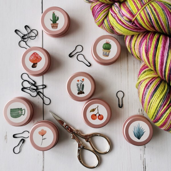 Little storage tin with Stitch markers Calabash pins Light bulb rosé Progress keeper Pink Gold Silver Knitting socks Crochet Mothersday gift