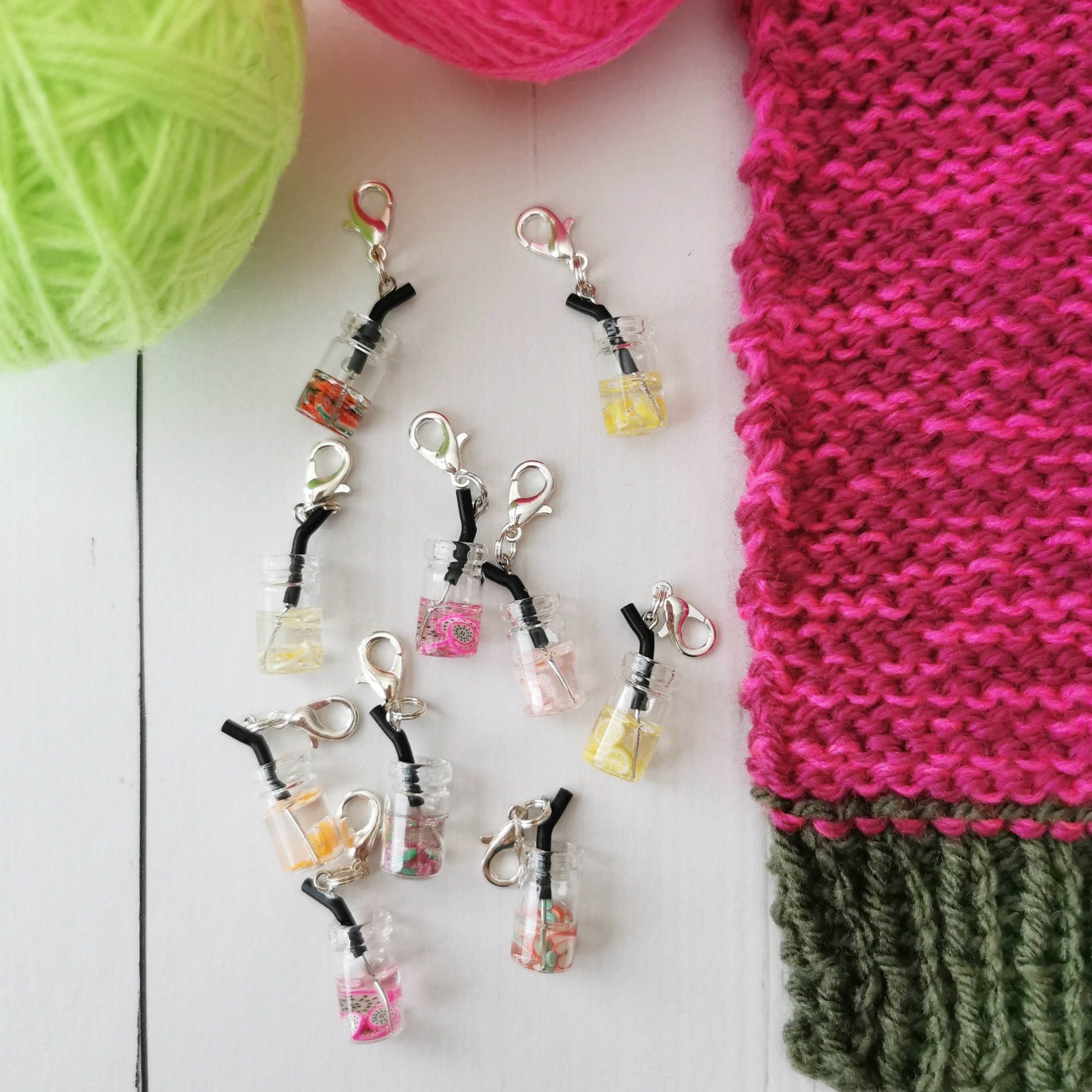 Fruit Drink Progress keepers Stitch markers pink yellow Summer Fruits Flowers Birthday Knitting Crochet Jewellery Christmas Zippercharm gift