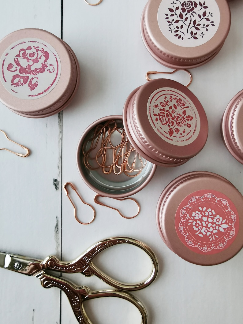 Little storage tin with Stitch markers Calabash pins Light bulb rosé Progress keeper Pink Gold Silver Knitting socks Crochet Mothersday gift image 9