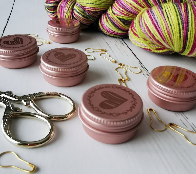 Little storage tin with Stitch markers Calabash pins Light bulb rosé Progress keeper Pink Gold Silver Knitting socks Crochet Mothersday gift image 2