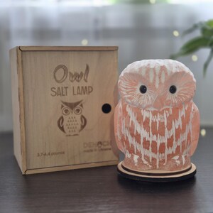 May include: A pink owl-shaped salt lamp with white accents, sitting on a wooden base. Beside it is a wooden box with the words "Owl Salt Lamp" and an owl illustration. The box also indicates the lamp weighs 3.7-4.4 ounces.