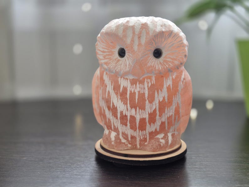 May include: A carved owl figurine in shades of peach and white, with black eyes, sits on a wooden base. The owl's textured surface and detailed design create a rustic, decorative appeal. This unique piece is a charming home decor item.
