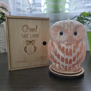 May include: An owl-shaped salt lamp with a wooden base and a wooden box. The lamp is peach-colored with white streaks, and the box is engraved with an owl design and the words "Owl Salt Lamp". The lamp weighs 3.7-4.4 pounds.