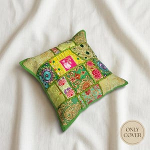 Handmade Patchwork Cushion Cover | Boho Cotton Throw Pillow | Indian Home Decor image 6