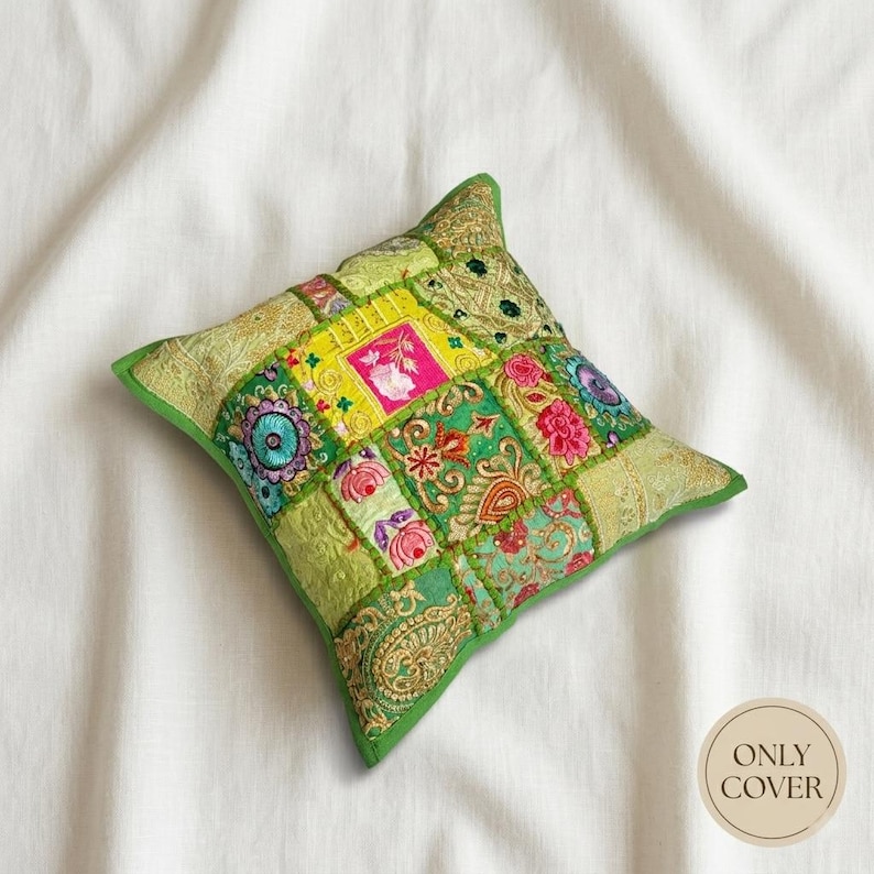 Handmade Patchwork Cushion Cover | Boho Cotton Throw Pillow | Indian Home Decor image 6