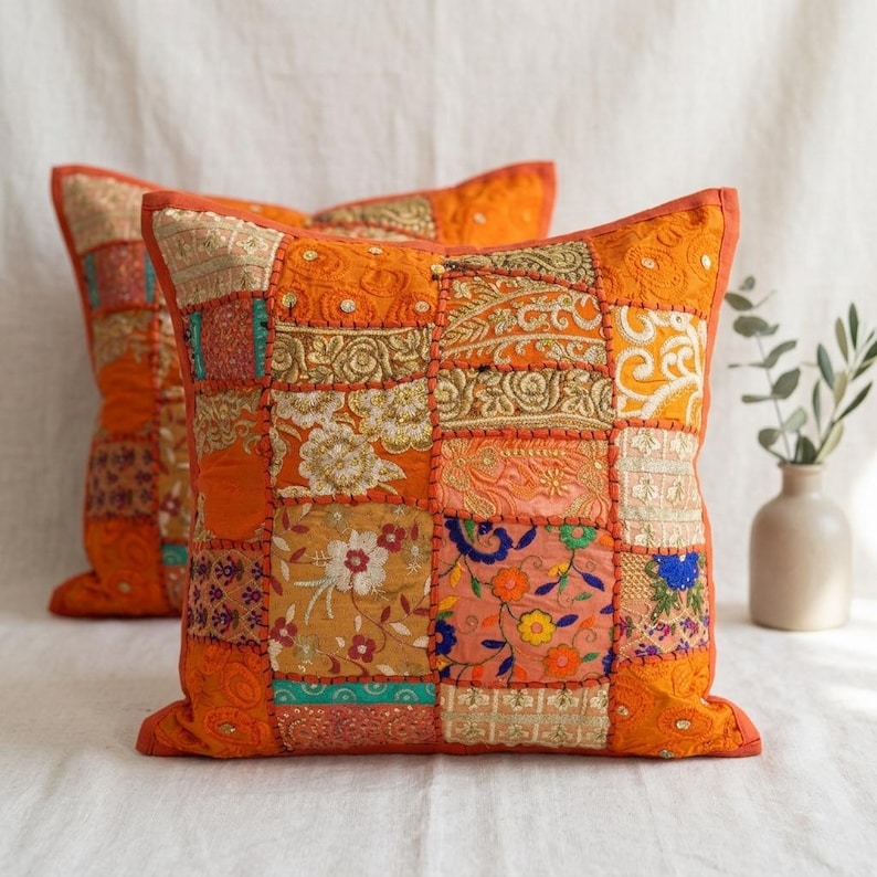 Handmade Patchwork Cushion Cover | Boho Cotton Throw Pillow | Indian Home Decor Orange