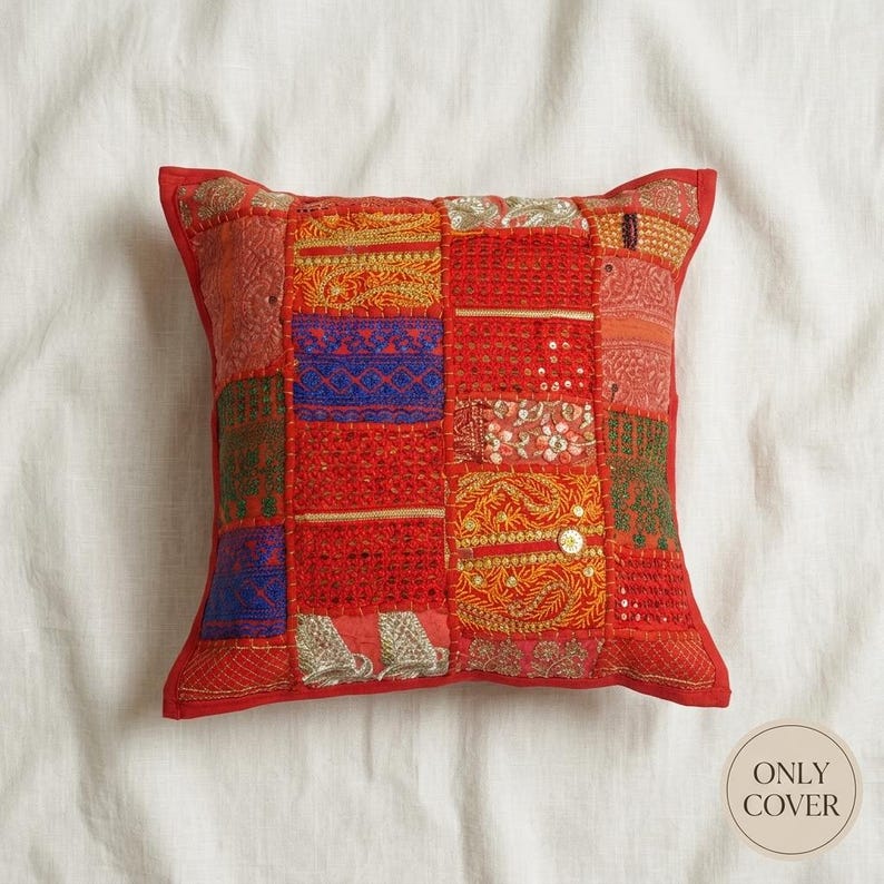Handmade Patchwork Cushion Cover | Boho Cotton Throw Pillow | Indian Home Decor image 14