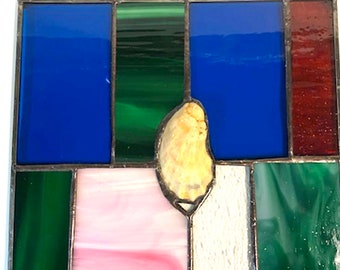 Oyster Shell Geometric Stained Glass Panel