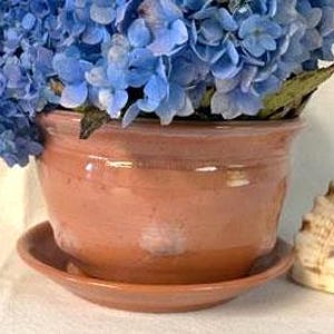 May include: A terracotta planter with a matching saucer, featuring a slightly flared rim and a smooth, glazed finish. The planter is filled with a bouquet of blue hydrangeas.