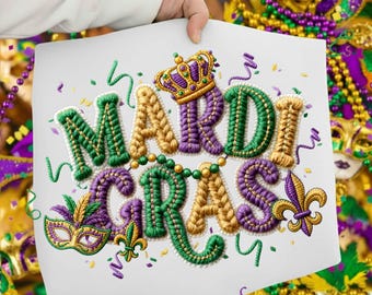 Ganchillo de pestillo Mardi Gras PNG, Hilo sintético Mardi Gras PNG, Bordado falso Mardi Gras PNG Luisiana PNG, Tejido de punto con purpurina preppy PNG