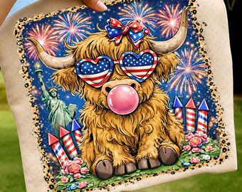 Ręcznie rysowana krowa szkocka z okazji 4 lipca w formacie PNG, Western 4 lipca w formacie PNG, Flaga amerykańska w formacie PNG, USA w formacie PNG, Dziecięcy 4 lipca, Lampart 250. rocznica w formacie PNG