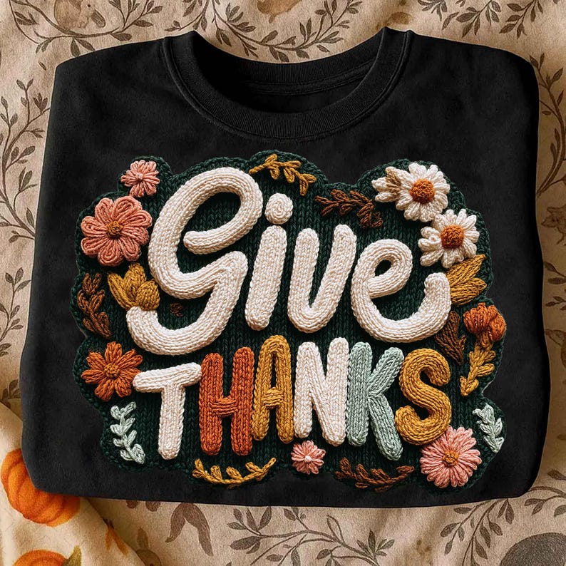 May include: Black crewneck sweatshirt with the words "Give Thanks" in white, orange, yellow, and blue, surrounded by embroidered flowers and leaves in fall colors. The sweatshirt is a cozy fall or Thanksgiving themed apparel.