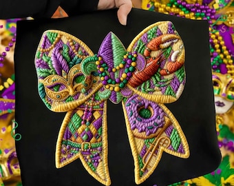 Hilo sintético Mardi Gras PNG, Diseño de camiseta de Mardi Gras con bordado de lazo coqueto, Ganchillo Mardi Gras PNG, Mardi Gras PNG