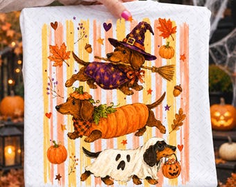 Halloween Dachshund PNG, Upiorny sezon Doxie Dog PNG, Jesienna grafika na koszulki z sublimacją, Uroczy wzór jamnika. Cyfrowy Dile