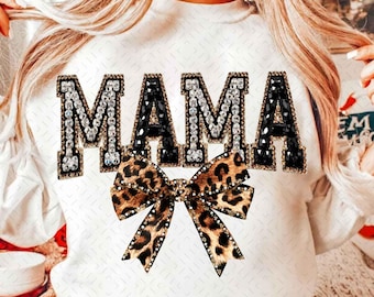 Leopard Bling Mama Png, Kokieteryjna Kokardka z Kryształkami Mozaika, Błyszczące Litery DTF Projekt, Błyszczące DTF Pobierz Cyfrowo, Mama Png