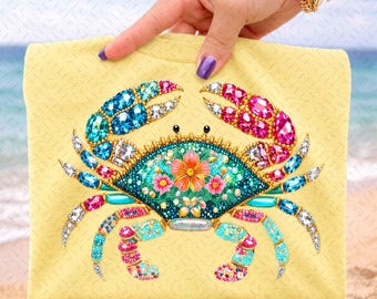 Coastal Crab PNG: Summer Rhinestone Beach Floral Spakle Bling Crystal Mosaic Jewel DTF Design, Tropical Preppy Coastal, Faux Sparkly Design