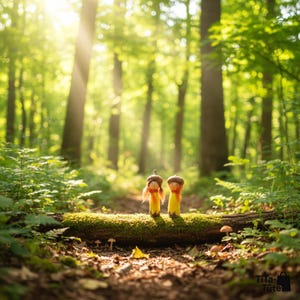 Magische Waldszene mit dem Waldwichtel Pärchen 'Sonnenstrahl'. Die gelben Holzfiguren mit Eichel-Hüten stehen auf einem moosigen Baumstamm, beleuchtet von warmen Sonnenstrahlen. Stimmungsvolle Waldorf Sommerdeko und Symbol für Lebensfreude von TiTa-Tüte