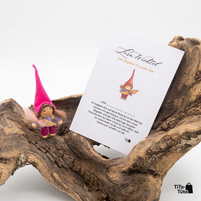 May include: A handmade felt doll with a pink pointed hat, holding a small paper, and a card with German text. The doll has a light brown face, pink shoes, and a light blue dress. The card reads "Lern-Wichtel Dein Begleiter f&uuml;r gro&szlig;e Ziele."