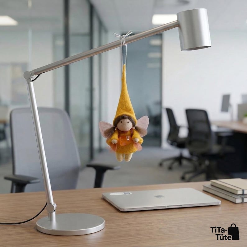 May include: A handmade felt fairy doll with a yellow pointed hat, orange dress, and pink wings, suspended from a silver desk lamp. The doll has brown hair and is hanging in an office setting. The doll is a whimsical decorative item.