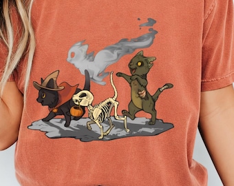 Comfort Colors Cute Halloween T-Shirt, Cat Skeleton Tee, Fun Spooky Cat Tee