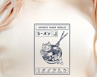 Comfort Colors® Anime Style Cat Ramen T Shirt, Japanese Foodie Gift, Aesthetic Noodle Graphic Top, Otaku Apparel Clothing, Kawaii Streetwear