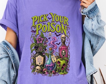 Comfort Colors Halloween Potion Shirt, Pick Your Poison Tee, Witchy Skull shirt