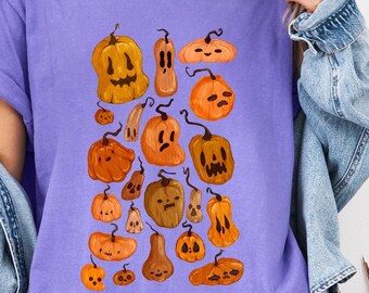 Confort Colors Cute Halloween TShirt, Vintage Pumpkin Tee, Autumn Fall Shirt, Spooky Season Top