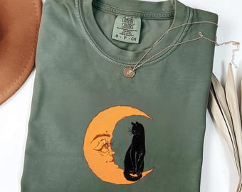 Comfort Colors Black Cat Moon Shirt, Vintage Crescent Moon Tee, Halloween Cat Lover Gift, Gothic Tee