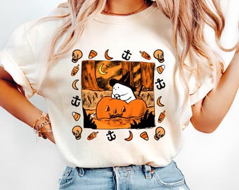 Comfort Colors Halloween T-Shirt, Ghost on Pumpkin Tee, Cute Spooky Fall Tee