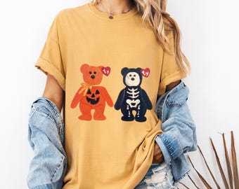 Comfort Colors Halloween Teddy Bear T-Shirt, Pumpkin Skeleton Bear Shirt, Cute Fall Tee