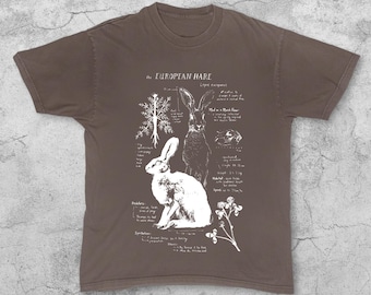 Comfort Colors Hare Rabbit Shirt, Cottagecore Bunny T-Shirt, Oversized Vintage Scientific Tee, Wildlife Gift, Dark Academia Naturecore Top