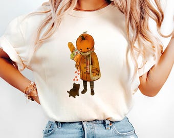 Comfort Colors Pumpkin Head T-Shirt, Whimsical Halloween Shirt, Vintage Cottagecore Fall Tee