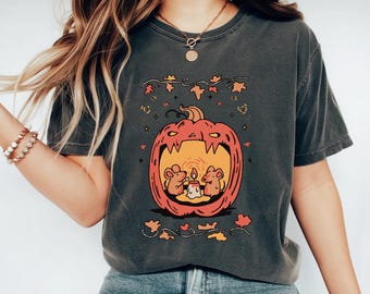 Comfort Colors Cute Pumpkin Mice T-Shirt, Cottagecore Halloween Shirt, Whimsical Autumn Tee