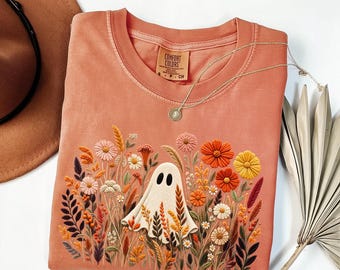 Comfort Colors Halloween Ghost T-Shirt, Wildflower Field  Tee, Cute Autumn Tee