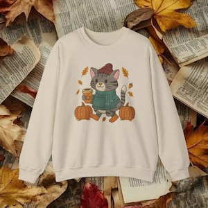 Cozy Cat Autumn Sweatshirt, Fall Pumpkin Spice Crewneck, Cute Cat Lover Gift, Halloween Thanksgiving Pullover, Unisex Cozy Fall Sweater