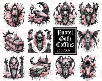 Paquete de imágenes prediseñadas de ataúd encantado de estilo gótico pastel: Gráficos PNG de Halloween (descarga digital)