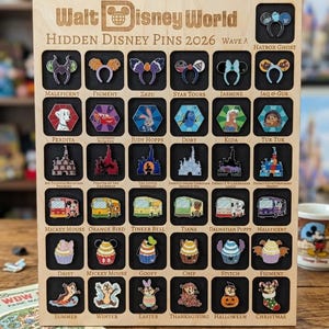 May include: Wooden display board for Hidden Disney Pins from Walt Disney World 2026. The board has a grid of black squares, each holding a pin with a Disney character or theme. Text on the board includes character names and "Hidden Disney Pins 2026".