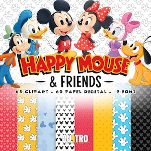 Pode incluir: Uma coleção digital com personagens de desenhos animados, incluindo Pateta, Pato Donald, Mickey Mouse, Minnie Mouse, Margarida e Pluto. O texto diz HAPPY MOUSE & FRIENDS, 65 CLIPART - 60 PAPEL DIGITAL - 9 FONT. Abaixo há vários papéis digitais estampados.