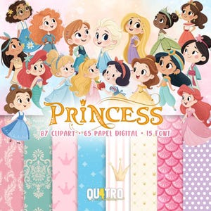 Puede incluir: Una colección digital con ilustraciones de princesas estilo caricatura, incluyendo varios personajes con atuendos coloridos, con el texto PRINCESS, 87 CLIPART, 65 PAPEL DIGITAL, 15 FONT y QU4TRO, sobre un fondo de paneles con diversos patrones.