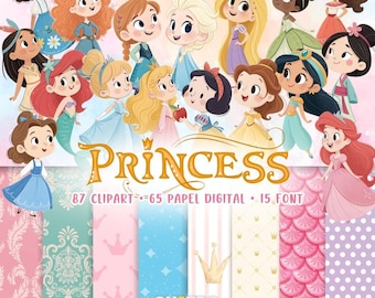 May include: A digital collection featuring cartoon-style princess illustrations, including various characters in colorful outfits, with the text PRINCESS, 87 CLIPART, 65 PAPEL DIGITAL, 15 FONT, and QU4TRO, displayed over a background of patterned panels.