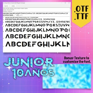 May include: A computer screen displays a font preview of the Kpop Demon Hunter Quatr Regular typeface. The font is shown in various styles, with the words "JUNIOR 10 AÑOS" in a blue, textured design. A yellow banner displays "OTF TTF".