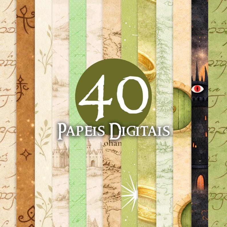 May include: A collection of 40 digital papers with fantasy-themed designs. The papers feature various patterns, including maps, castles, rings, and script, in shades of brown, green, and beige. The text "40 Papeis Digitais" is in a green circle.