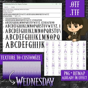 Pode incluir: Um design de fonte digital com a fonte "Wednesday Merlina" em vários estilos e tamanhos. Inclui conjuntos de caracteres, números e uma ilustração de desenho animado. O design também inclui o texto "Texture to Customize" e "PNG * Bitmap already in effect."