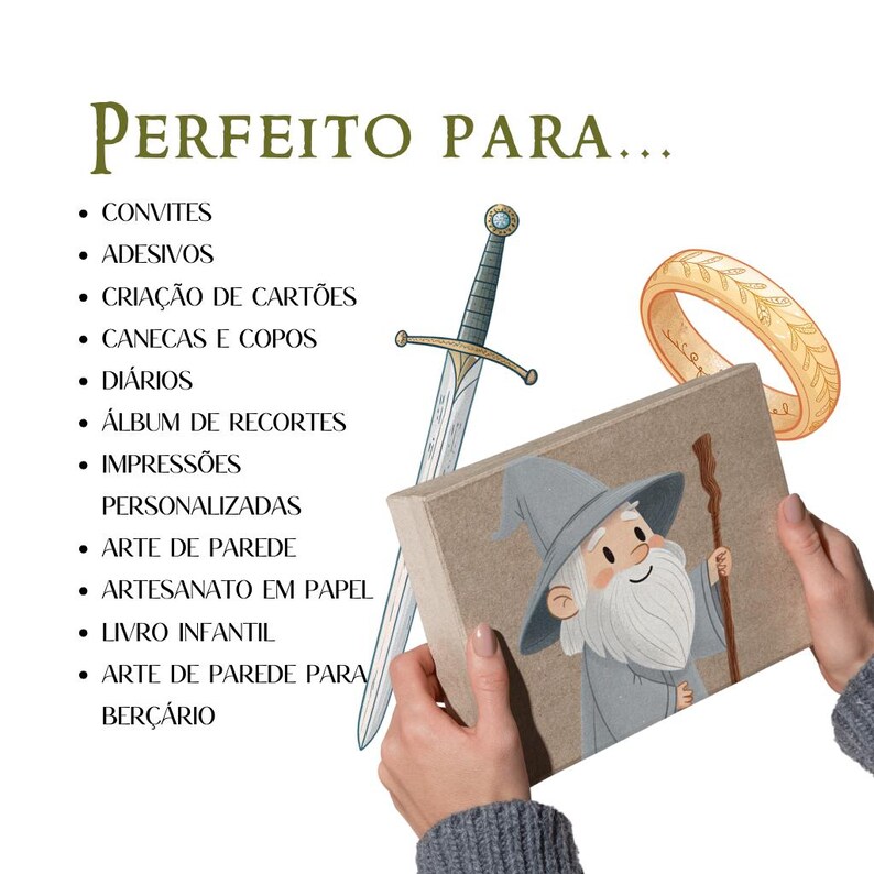 May include: An illustration featuring a fantasy theme, including a sword, a gold ring, and a drawing of a wizard holding a staff. The image also includes a list of items such as invitations, stickers, and art prints.