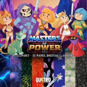 Könnte beinhalten: Eine digitale Grafik mit Zeichentrickfiguren, darunter ein Skelett, ein blonder Krieger und ein Tiger, mit dem Text Masters of Power, 80 Clipart, 52 Papel Digital, 14 Font und Quatro. Darunter befinden sich vertikale Paneele mit Mustern aus Blitzen, Weltraum, Tigerstreifen, Feuer, Kristallen, Sternen, Stein und Felsen.