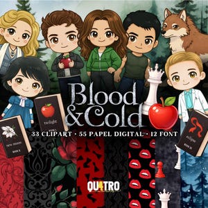 Puede incluir: Conjunto de imágenes prediseñadas digitales con personajes de dibujos animados, libros y patrones. El título "Blood & Cold" se muestra de forma destacada. Incluye una manzana, piezas de ajedrez y el texto "33 CLIPART, 55 PAPEL DIGITAL, 12 FONT".