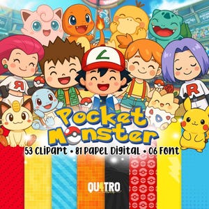 May include: A digital graphic featuring characters from the "Pocket Monster" franchise. The image includes the text "Pocket Monster", "53 Clipart", "81 Papel Digital", and "06 Font". The background features various colourful patterns.
