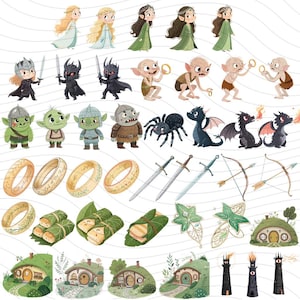 May include: A collection of whimsical illustrations featuring characters and elements from a fantasy world. The image includes elves, goblins, dragons, rings, swords, bows, and hobbit houses, all in a colorful, cartoon style.