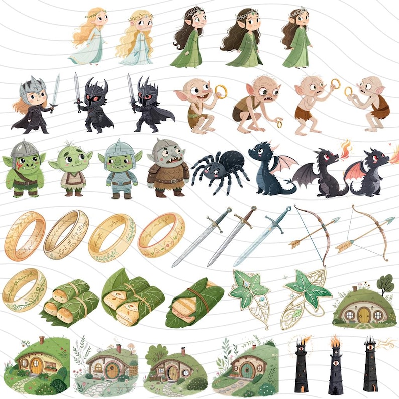 May include: A collection of whimsical illustrations featuring characters and elements from a fantasy world. The image includes elves, goblins, dragons, rings, swords, bows, and hobbit houses, all in a colorful, cartoon style.
